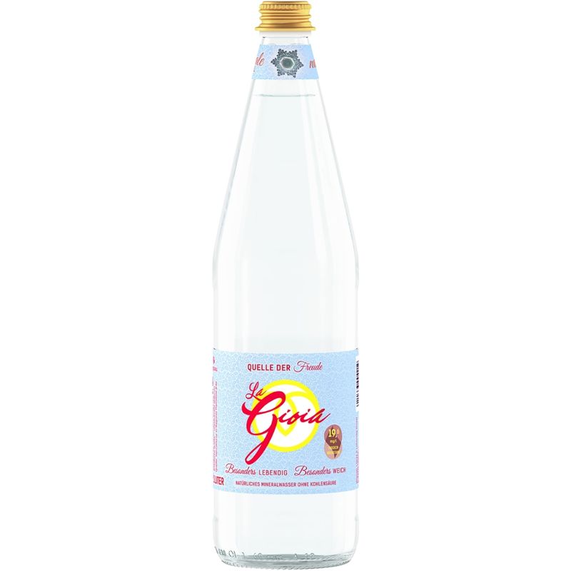 La Gioia La Gioia - Quelle der Freude, natürliches Mineralwasser, absolut leicht, nur 19,6 mg/l Trockenrückstand. Ohne Kohlensäure. Besonders lebendig, besonders weich. - Produktbild