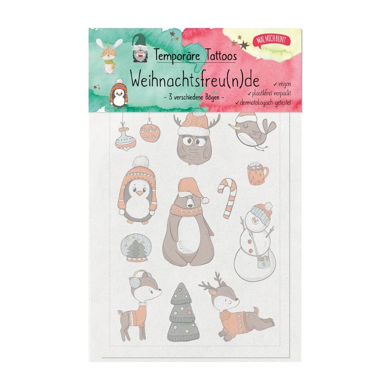 Malmichbunt Nachhaltige Kindertattoos "Weihnachtsfreu(n)de" (Eisbärgang, Braunbärgang, Gnome) - Produktbild