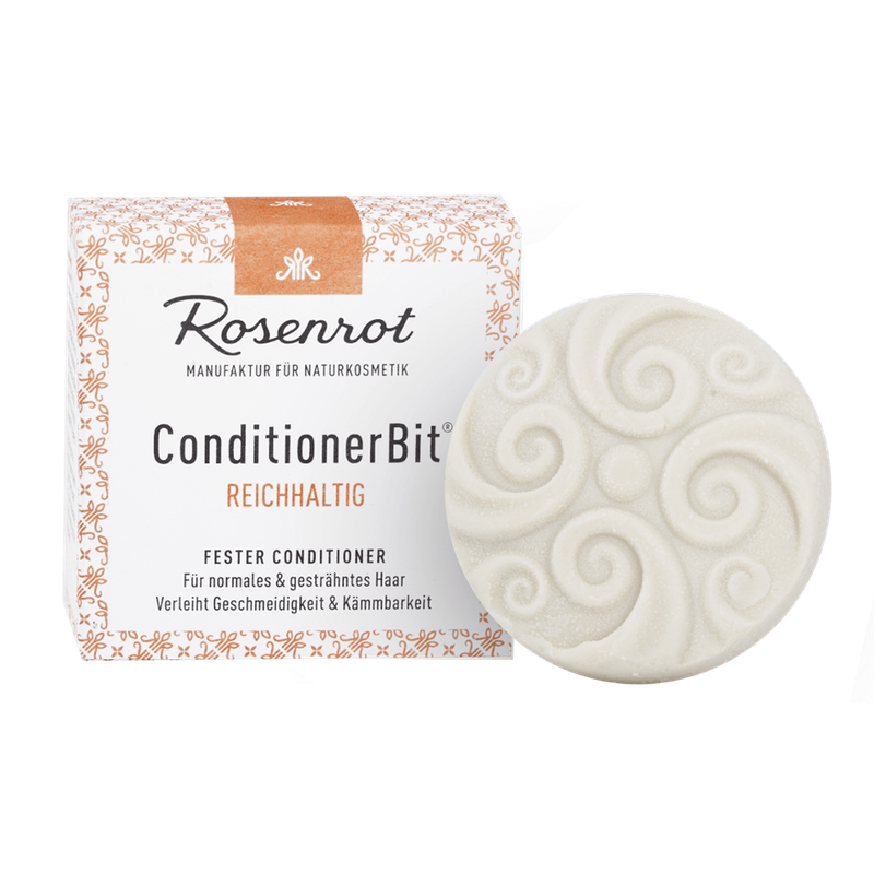 Rosenrot Naturkosmetik fester ConditionerBit® Reichhaltig - 55g - in Schachtel - Die Extraportion Pflege für trockenes und sprödes Haar. Sorgt für weiche, geschmeidige Haare und verbessert die Kämmbarkeit. Kein Build-up-Effekt. Die ideale Ergänzung zum festen ShampooBit. - Produktbild