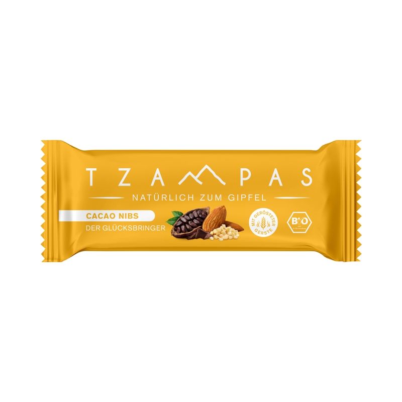 TZAMPAS TZAMPAS Energieriegel Cacao Nibs - Der Glücksbringer. Natürlich zum Gipfel. Aus gerösteter Gerste mit Mandeln und Kakaobohnen. - Produktbild