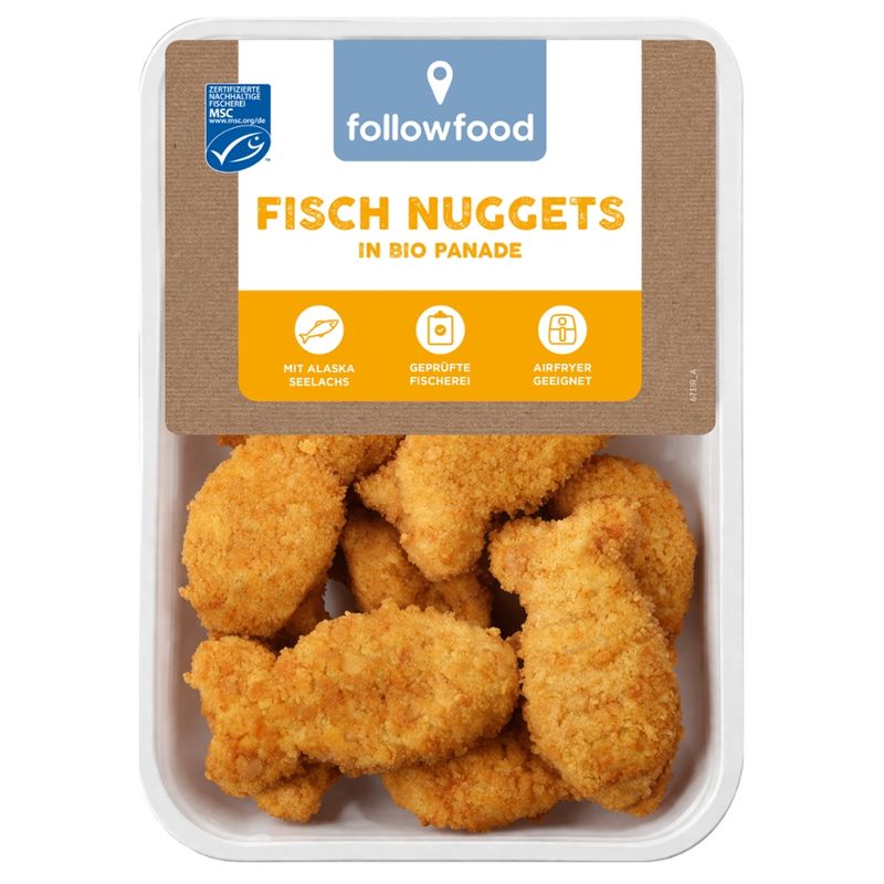 followfood Zubereitung aus zerkleinertem Alaska-Seelachsfleisch, paniert, gebraten, dampfgegart, gekühlt. - Produktbild