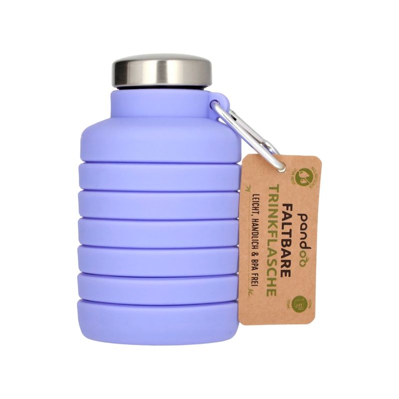 pandoo Faltbare Silikon Trinkflasche Lila mit Karabiner - Produktbild