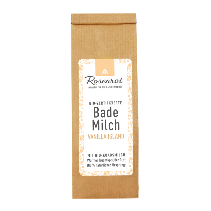 Rosenrot Naturkosmetik Bademilch Vanilla Island. -90g - Vanille und der Natural-Duft der Süßorangen machen dieses Bad zum Erlebnis. - Produktbild