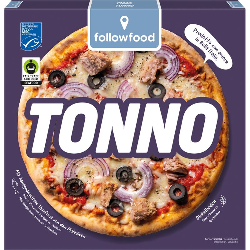 followfood Pizza belegt mit Tomatensauce, Thunfisch (Katsuwonus pelamis), Mozzarella, Zwiebeln und schwarzen Oliven, tiefgekühlt. - Produktbild