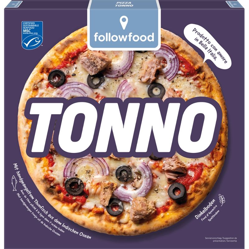 followfood Pizza belegt mit Tomatensauce, Thunfisch (Katsuwonus pelamis), Mozzarella, Zwiebeln und schwarzen Oliven, tiefgekühlt. - Produktbild