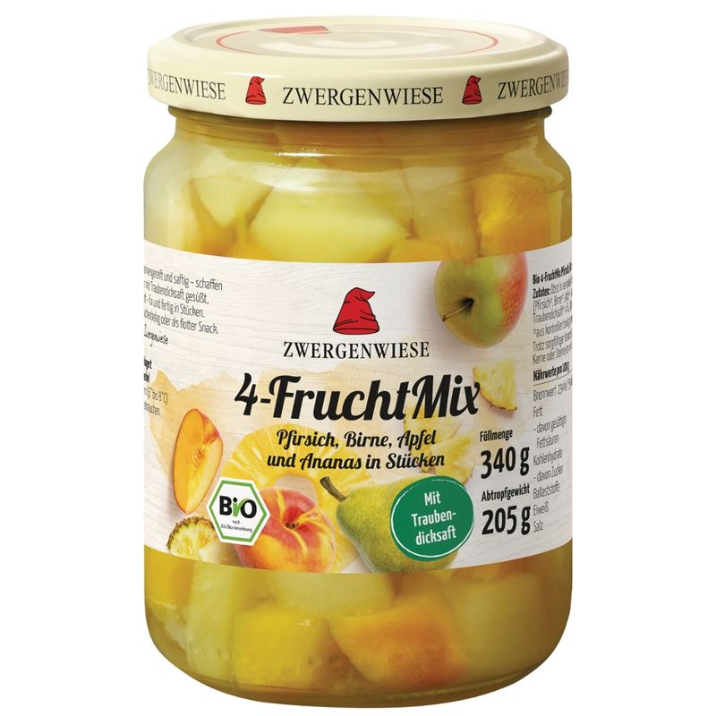 Zwergenwiese 4-FruchtMix, Pfirsich, Birne, Apfel, Ananas mit Traubendicksaft - Produktbild