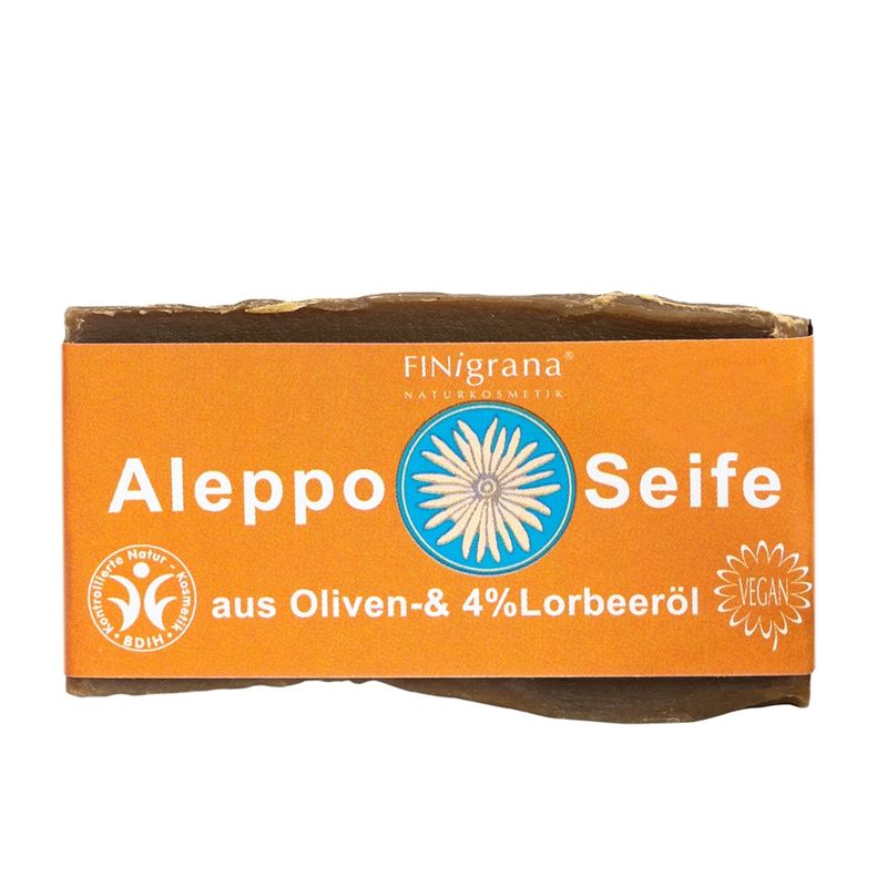 FINigrana® Naturkosmetik FINigrana Aleppo Olivenseife mit 4% Lorbeeröl, 180g traditionell handgeschnittener Naturblock, milde Pflanzenseife für alle Hauttypen zur täglichen Haut- & Haar- Reinigung und Pflege geeignet - Produktbild