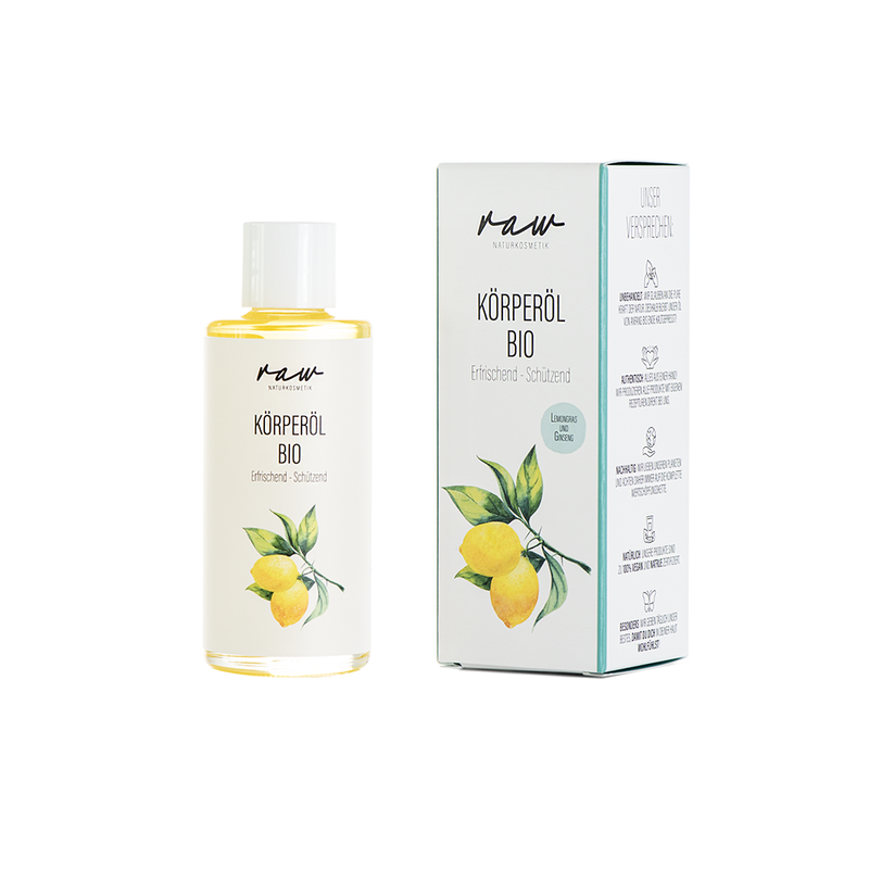 raw Naturkosmetik Bio Körperöl Erfrischend und Schützend mit Lemongras sowie Ginseng, 100ml, mit kaltgepressten Bio Ölen, ideal bei gestresster, alternder Haut sowie extrem empfindlicher, sensibler Haut. Mit antioxidativer Wirkung, bindet freie Radikale auf der Haut. - Produktbild