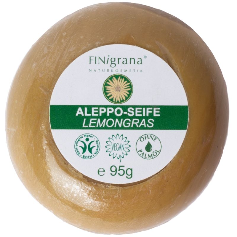 FINigrana® Naturkosmetik FINigrana Aleppo Olivenseife mit rein ätherischem Lemongrasöl, 95g rund, reine Pflanzenseife für alle Hauttypen mit erfrischendem Zitrus Duft - Produktbild