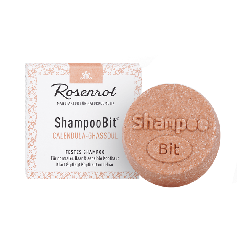 Rosenrot Naturkosmetik festes ShampooBit® Calendula-Ghassoul - 60g - in Schachtel - Dieses milde feste Shampoo Calendula-Ghassoul mit beruhigendem Lavendelöl (im Duft enthalten) und heilendem Calendula-Extrakt ist eine Wohltat für die Kopfhaut. - Produktbild