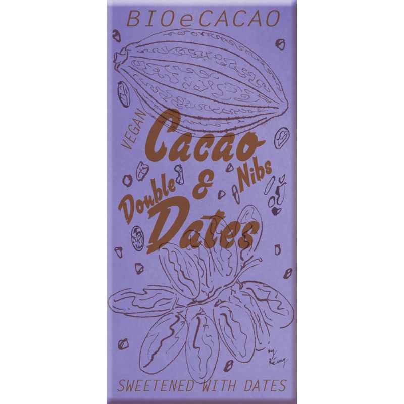 BioeCacao Cacao & Double Dates Nibs Schweizer Schokolade mit Kakaonibs, mit vielen Datteln gesüsst - Produktbild