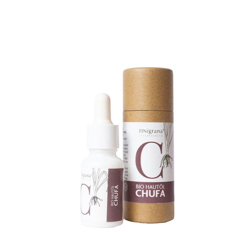 FINigrana® Naturkosmetik FINigrana® Bio Chufa/Erdmandel-Haut-Öl, kaltgepresst, 15ml abgefüllt in Opalglasfläschchen mit gläserner Tropfpipette zur leichten Dosierung, in Licht & Transport Schutz Kartonröhre - Produktbild