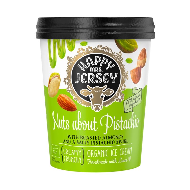 Happy Mrs Jersey Happy Mrs Jersey - BIO Eis/Organic Ice Cream: Pistazieneis mit gezukerten Mandelstücken/Pistachio ice cream with pieces of sugared Almonds 500ml - Produktbild