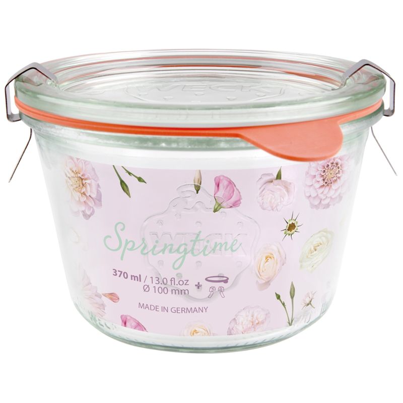 Dosen-Zentrale Züchner 370 ml Weck-Sturzglas #741 mit aufliegendem 100 mm RR-Deckel, montiert mit 2 Klammern und Weck Gummiring inkl. Einleger "Springtime rosa" mit EAN-Auszeichnung - Produktbild