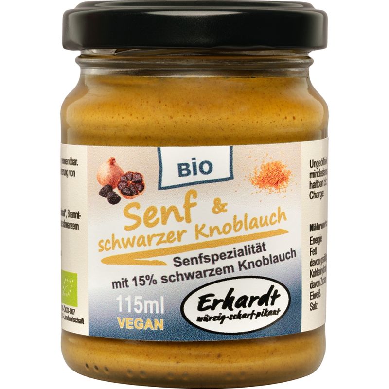 Erhardt würzig • scharf • pikant Bio Senf&schwarzer Knoblauch (5%) 115ml - Produktbild