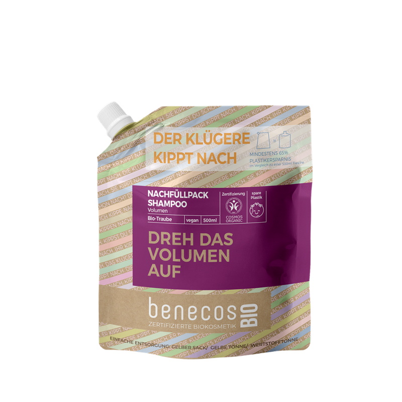 benecos benecosBIO Nachfüllbeutel 500ml Shampoo Volumen BIO-Traube - DREH DAS VOLUMEN AUF - Produktbild