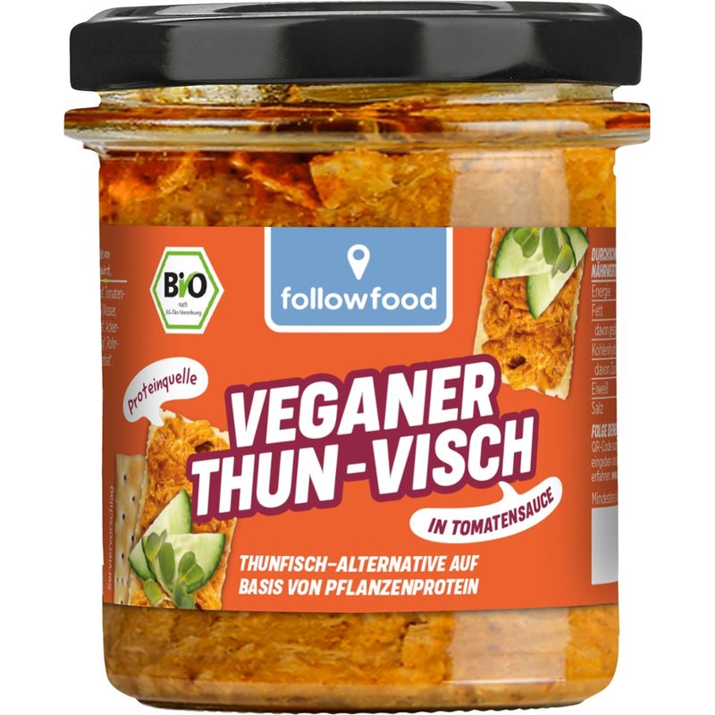 followfood Veganer ThunVisch in Tomatensauce, Thunfisch-Alternative auf Basis von Pflanzenprotein - Produktbild