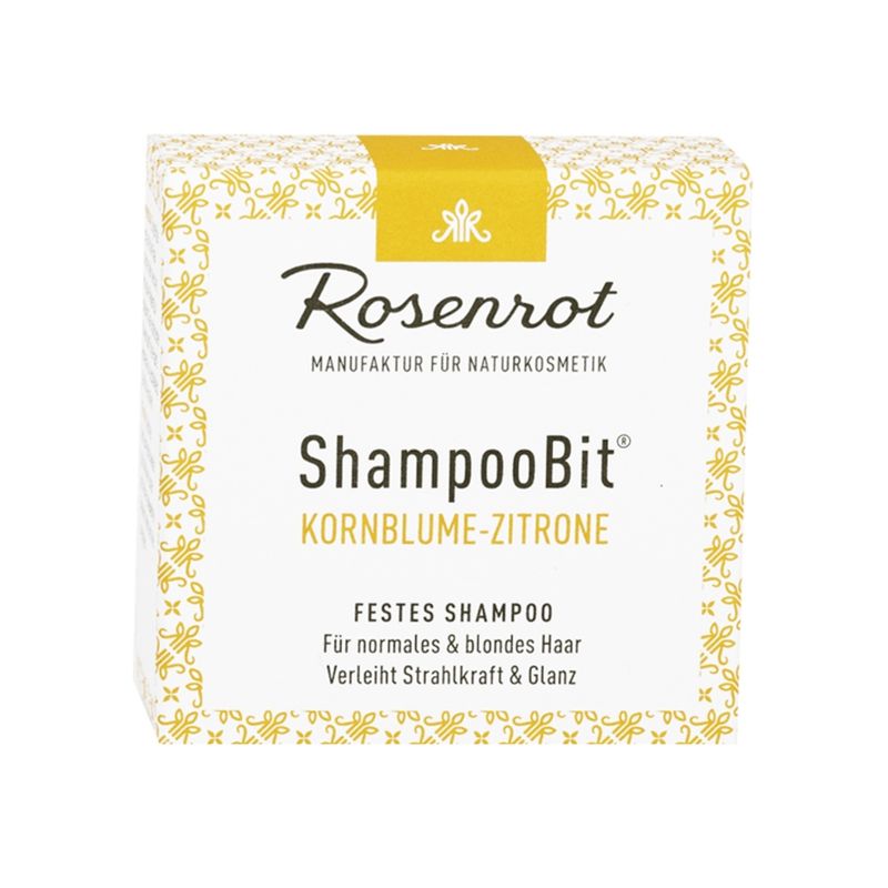 Rosenrot Naturkosmetik festes ShampooBit® Kornblume-Zitrone - 55g - in Schachtel - Dieses wunderbar frisch duftende feste Shampoo Kornblumen-Zitronen mit Kornblumenblütenextrakt und italienischem Zitronenöl, hellt blondes Haar sanft auf und lässt das Haar erstrahlen. - Produktbild