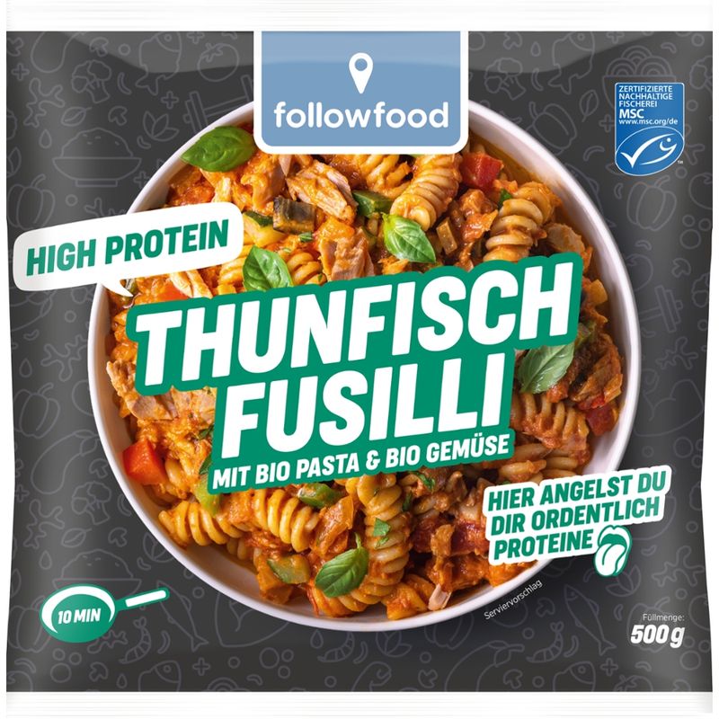 followfood Bio-Fusilli mit kontrolliert gefangenem Thunfisch und Bio-Gemüsemischung in Bio-Tomatensauce, tiefgekühlt. - Produktbild