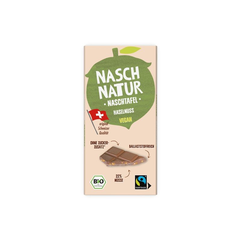 NaschNatur Bio NaschTafel Haselnuss - zartschmelzende Schokolade mit knackigen Haselnussstückchen, nur mit Datteln gesüßt - Produktbild