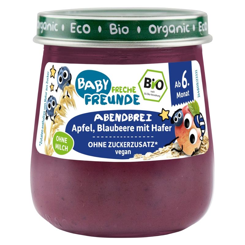 Freche Freunde FF Bio Gläschen Abendbrei Apfel, Blaubeere mit Hafer 120g - Produktbild