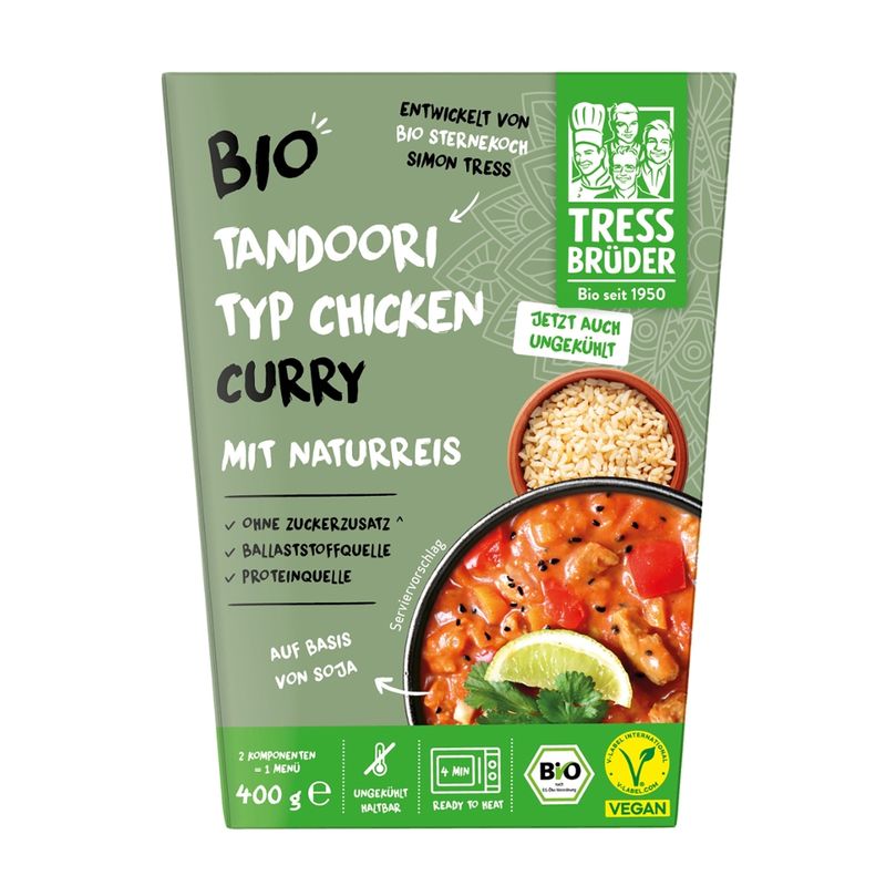 Tress Brüder veganes Bio India Curry Typ Tandoori Chicken auf Basis von Soja mit Naturreis - Produktbild