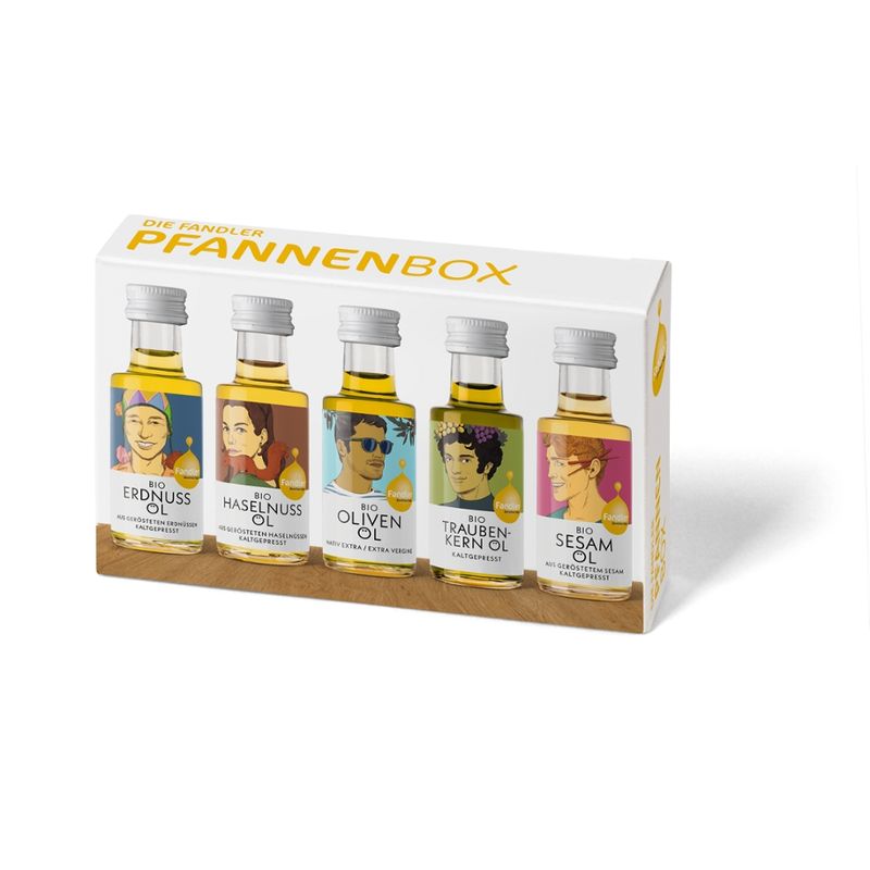 Ölmühle Fandler Die Fandler Pfannenbox (Bio-Erdnussöl, Bio-Haselnussöl, Bio-Olivenöl, Bio-Sesamöl, Bio-Traubenkernöl) - Produktbild
