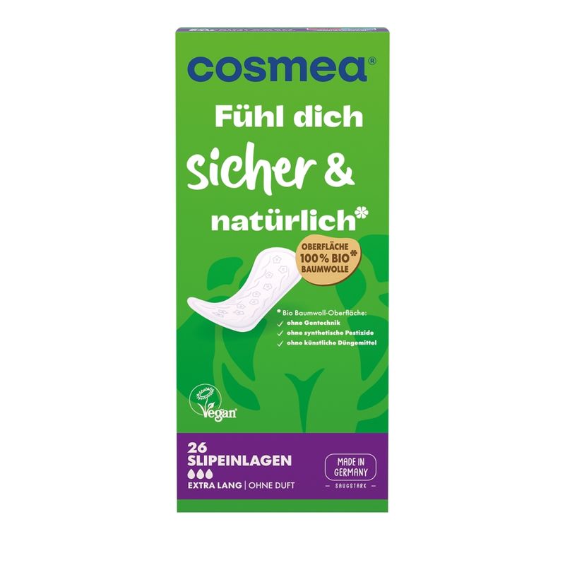 COSMEA®  cosmea® Slipeinlagen Bio Baumwoll-Oberfläche Extra Lang, ohne Duft, 26 Stück - Produktbild
