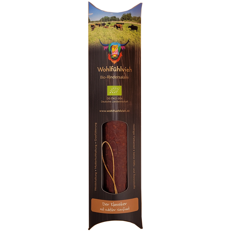 Wohlfühlvieh Premium BioRindersalami, Der Klassiker, ohne NPS, in Kartonverpackung - Produktbild