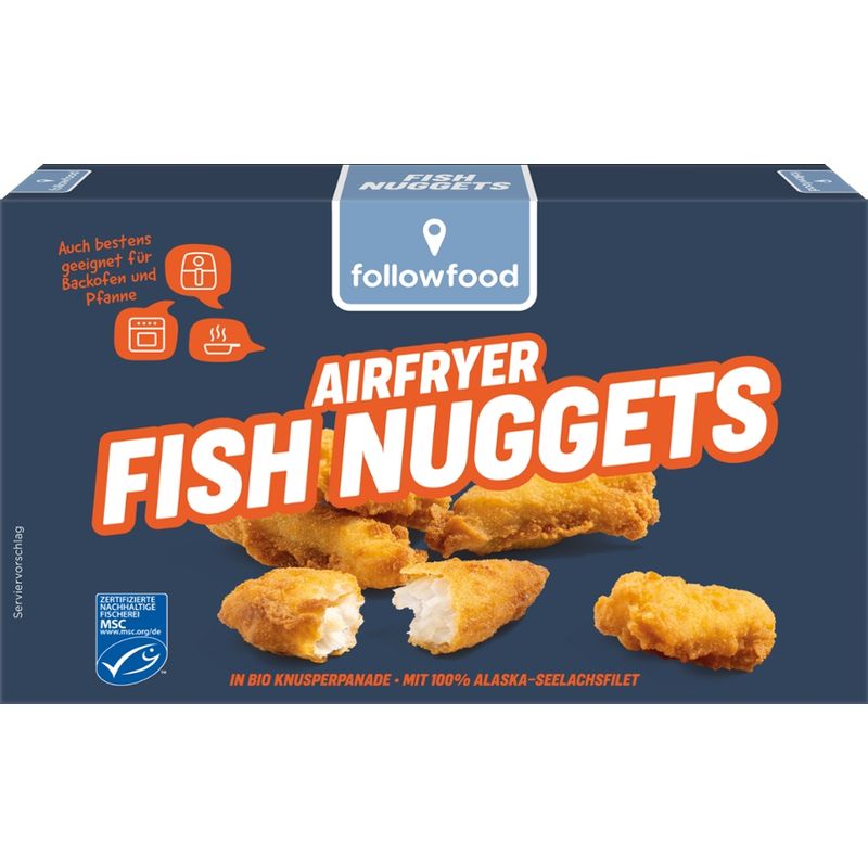 followfood MSC Alaska-Seelachs Filetstücken, praktisch grätenfrei, in Bio Panade, vorfrittiert, tiefgefroren. - Produktbild