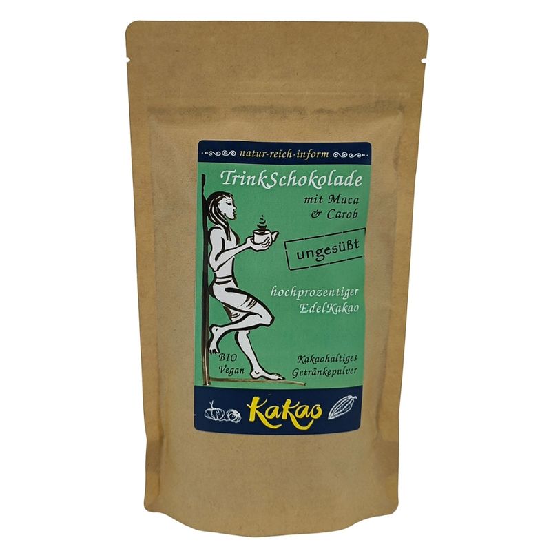natur-reich-inform TrinkSchokolade mit Maca und Carob, ungesüßt - 200g. Ein kakaohaltiges Getränkepulver mit hochprozentigem EdelKakao, BIO und Vegan. - Produktbild