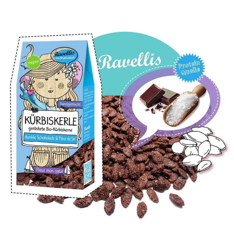 Ravellis "FLEUR MON COEUR" Geröstete Bio-Kürbiskerne veredelt mit dunkler Schokolade & Fleur de Sel - Produktbild