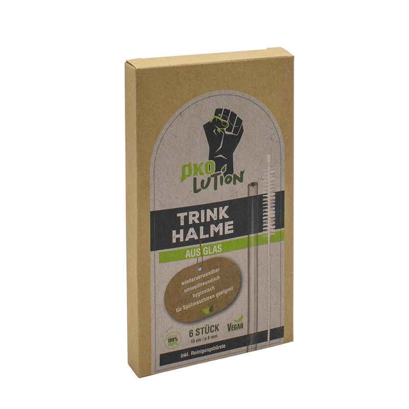 Ökolution Ökolution Glastrinkhalme 6er Set mit Reinigungsbürste 15 cm lang 8mm dick Verpackung FSC zertifiziert - Produktbild