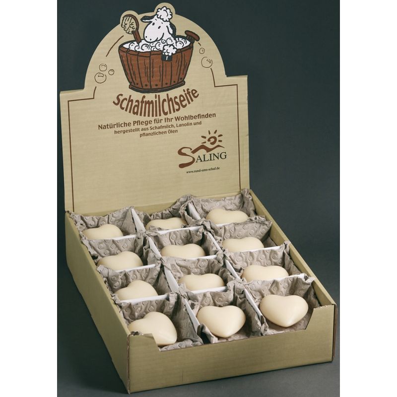 Saling Schafmilchseife Herz natur im Verkaufsdisplay mit Papiertütchen, cosmos organic zertifiziert - Produktbild