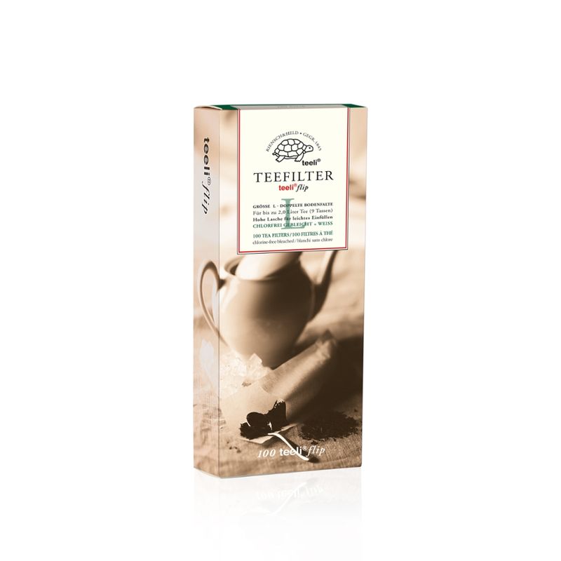teeli teeli flip L Papierteefilter, biologisch abbaubar, Made in Germany. Mit doppelter Bodenfalte für die volle Entfaltung der losen Teeblätter und mit praktischer Einfülllasche. Ohne Verwendung von Klebstoffen. - Produktbild
