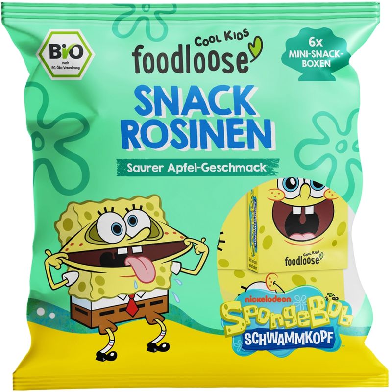 foodloose COOL KIDS SpongeBob Bio-Snack-Rosinen Saurer Apfel von foodloose COOL KIDS (6x 14 g) - Produktbild