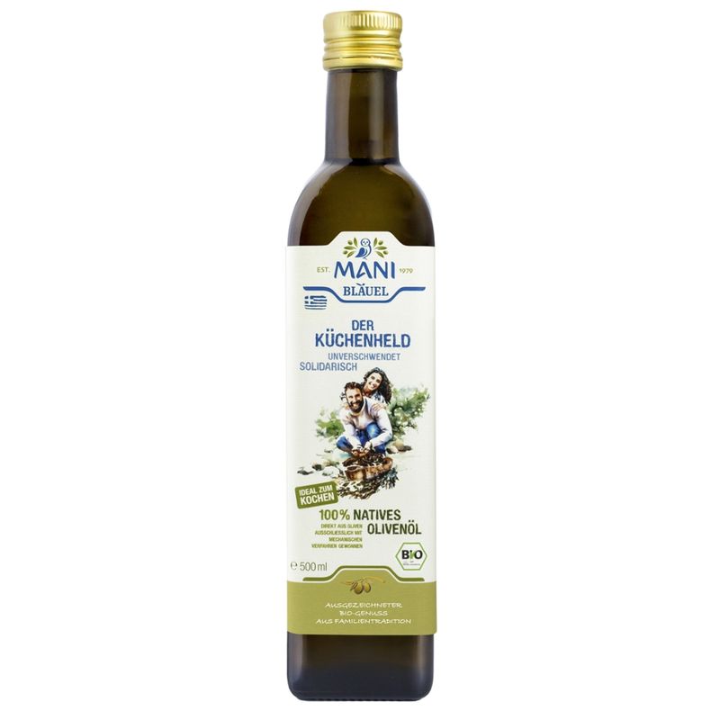 MANI® MANI Bläuel Der Küchenheld, 100% natives Olivenöl, BIO, 0,5 l Flasche - Produktbild