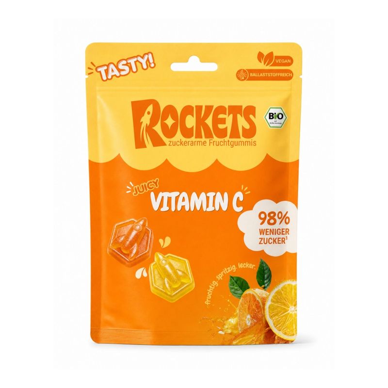 Rockets zuckerarme Bio Fruchtgummis mit natürlichem Vitamin C aus Hagebutten mit Orangen und Zitronen Geschmack - Produktbild