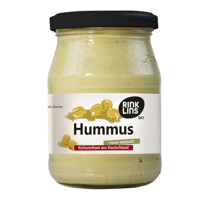 RINKLINS BIO Hummus clever verpackt im Pfandglas mit deutschen Kichererbsen - Produktbild