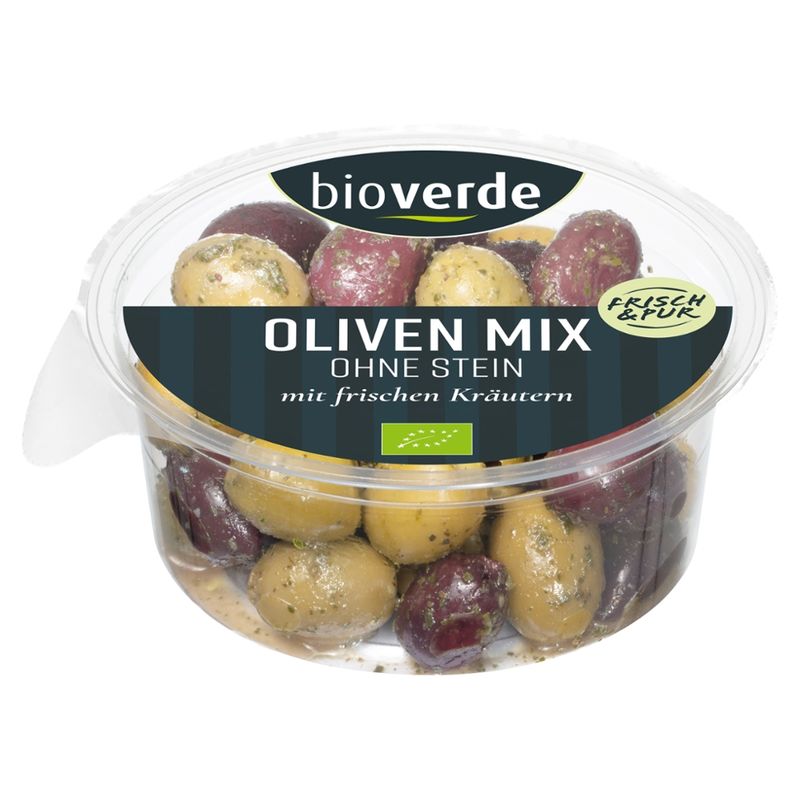 bio-verde Oliven-Mix ohne Stein mariniert mit frischen Kräutern 150 g - Produktbild