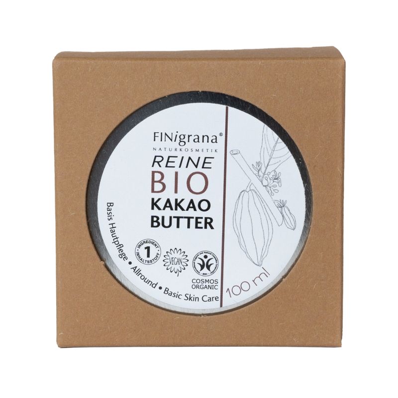 FINigrana® Naturkosmetik FINigrana® 100% Reine Bio-Kakaobutter, 100ml in Weißblechdose und Umkarton - Produktbild