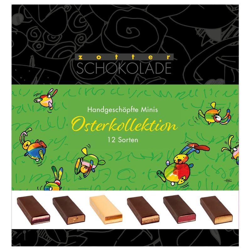 Zotter Schokolade Handgeschöpfte Minis Osterkollektion 12 Sorten - Produktbild