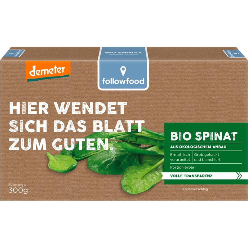 followfood Bio Blattspinat, erntefrisch verarbeitet, grob gehackt und blanchiert, portionierbar, aus ökologischem Anbau - Produktbild