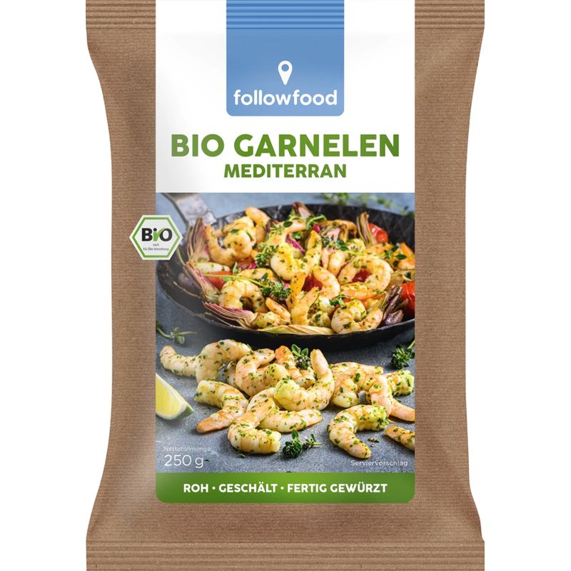 followfood Bio-Garnelen, roh, ohne Kopf, geschält, entdarmt in Kräuter-Knoblauch-Würzmarinade, tiefgekühlt. - Produktbild