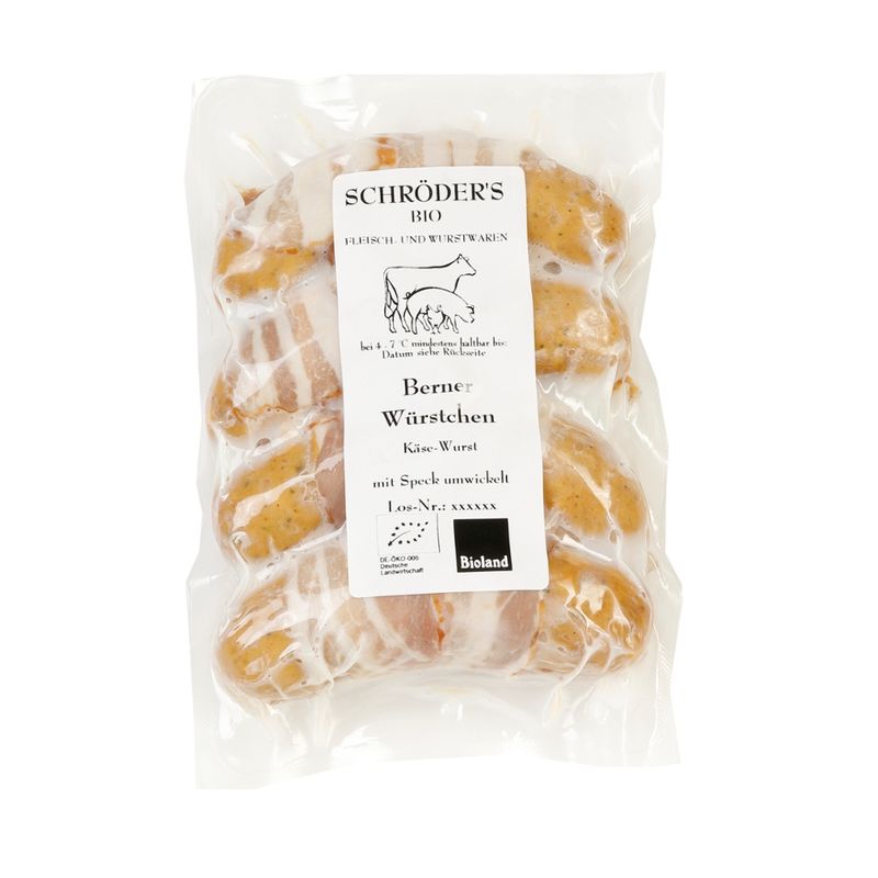 Schröder's Bio Fleisch- und Wurstwaren Berner Würstchen, Käse-Wurst mit Speck umwickelt - Produktbild