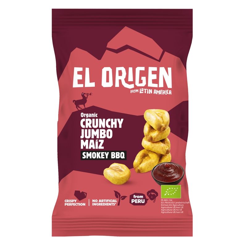 el origen el origen Bio Crunchy Jumbo Maíz mit BBQ, 80 g – aus direct trade, bio-zertifiziert, vegan, ohne Palmöl, glutenfrei, ohne Zusätze. - Produktbild