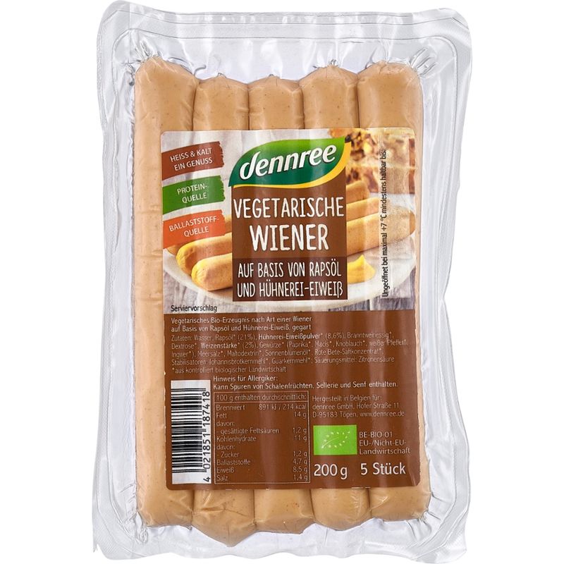 dennree Vegetarische Wiener auf Basis von Rapsöl und Hühnerei-Eiweiß - Produktbild