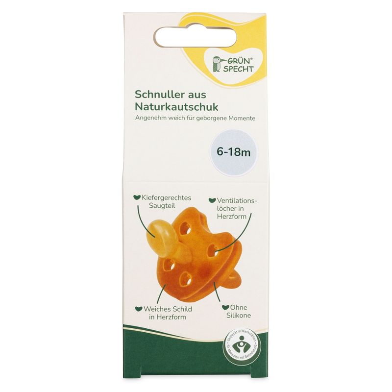 GRÜNSPECHT Naturprodukte GRÜNSPECHT Bio-Schnuller, Naturkautschuk, 6-18M, Kiefergerechtes Saugteil, Weiches Schild in Herzform, Ohne BPA und Phthalate, Entspricht der DIN EN 1400 - Produktbild