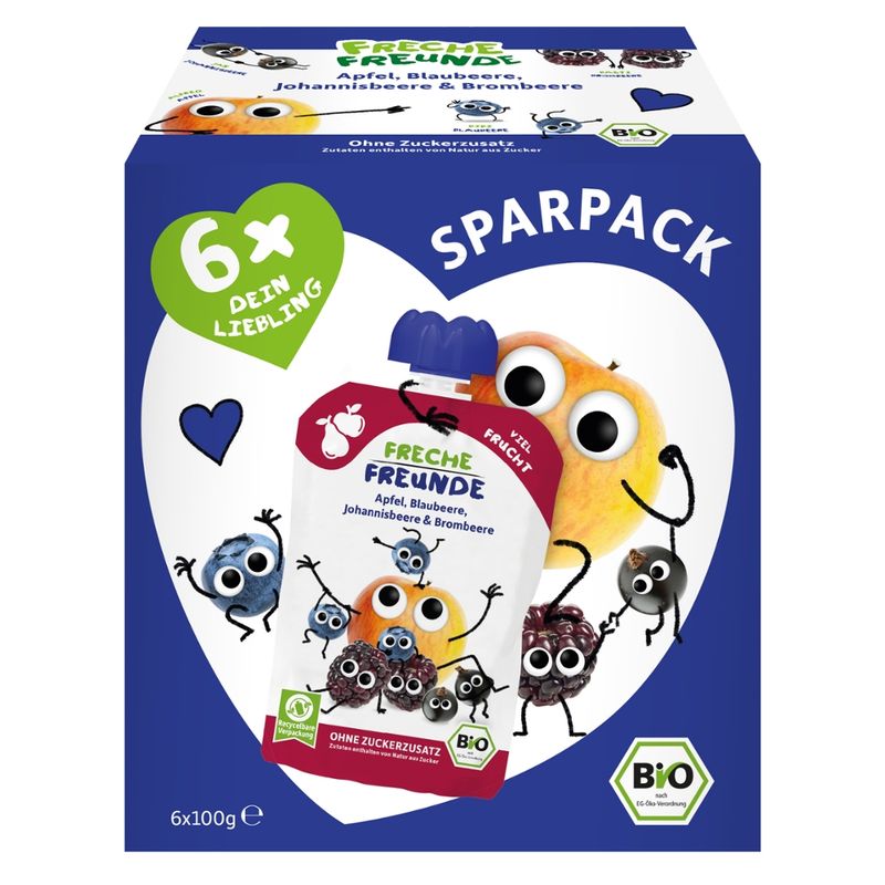 Freche Freunde FF Bio Quetschie 6er Sparpack Apfel, Blaubeere, Johannisbeere & Brombeere 6x100g - Produktbild