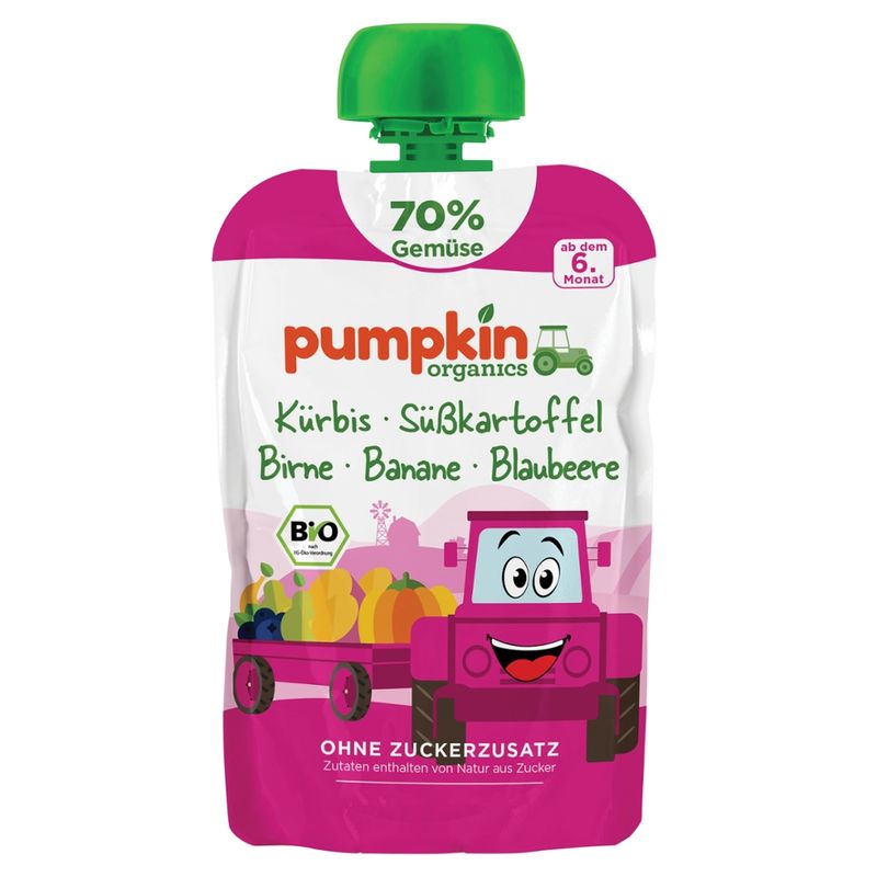 Pumpkin Organics Bio Quetschie Kürbis, Süßkartoffel, Birne, Banane, Blaubeere ab dem 6. Monat - Produktbild